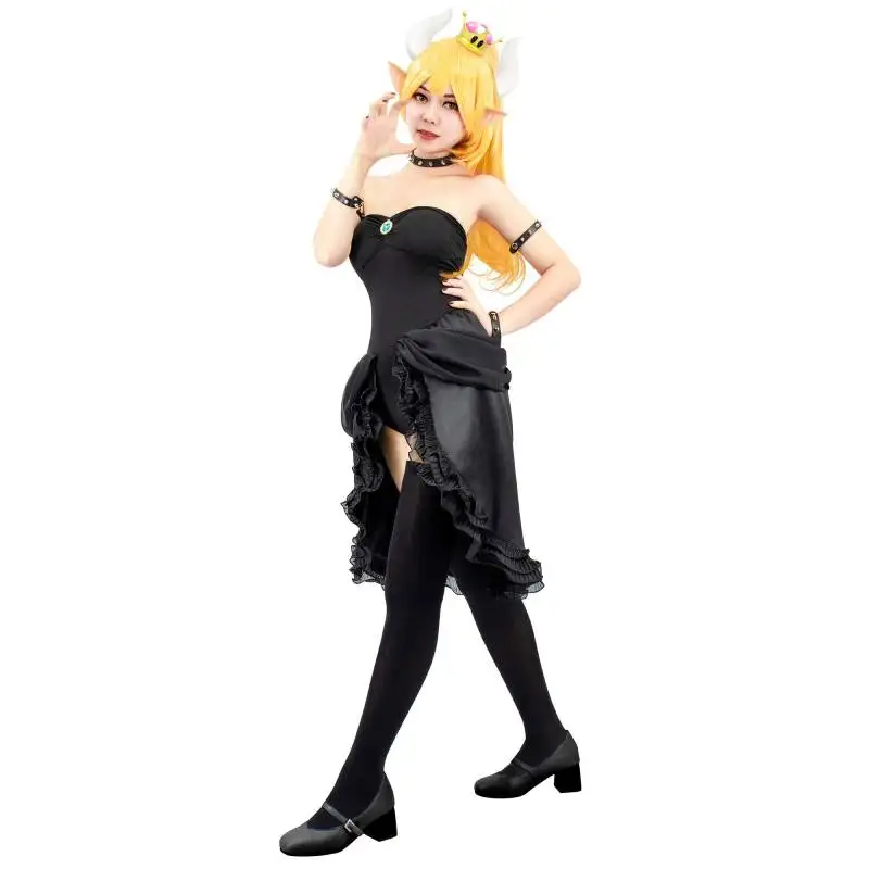 DAZCOS Women's Off Shoulder Corset Top With High Low Skirt Bowsette Princess Cosplay Sexy Black Dress with Accessories Halloween