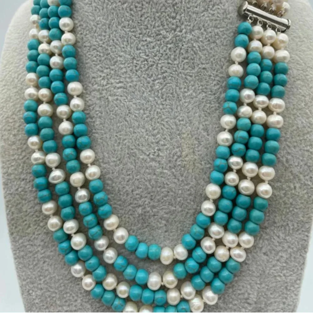 Hand knotted necklace natural 7-8mm 4 strands white freshwater pearl and turquoise necklace 18-21inch
