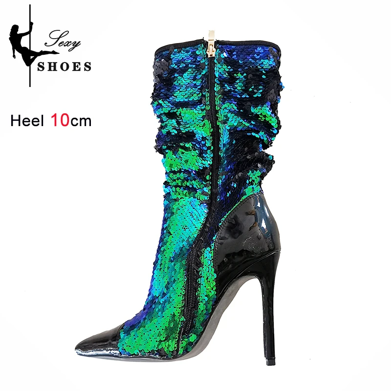 Fashion Women Sequined Ankle Boots 10CM Thin Heel Party Woman Shoes Big Size Pointed Toe Short Boot Zip High Heels Female Botas