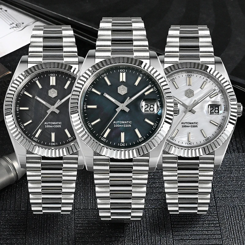 Mechanical Watch San Martin Men Watch 40mm Vintage MOP Dial Retro Business Luxury Sapphire PT5000 Automatic Mechanical Carving Fluted Bezel 10Bar