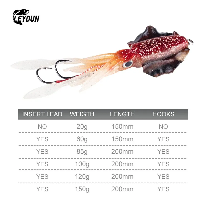 LEYDUN Soft Squid Fishing Lures Luminous UV Squid jig 20g 60g 85g 100g 120g 150g Octopus Calamar pesca mar Soft Bait Sea Fishing