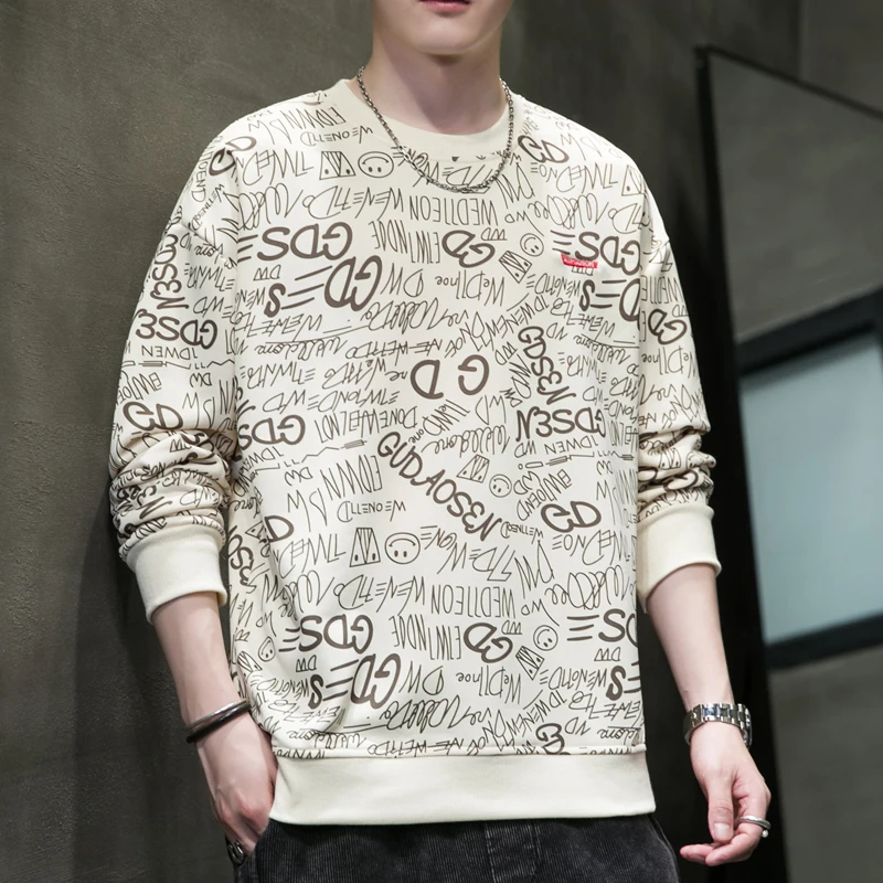 Men\'s Spring Autumn Round Neck Pullover Geometric Shape Letter Printed Lantern Long Sleeve Sports Hoodies T-shirt Undershirt Top