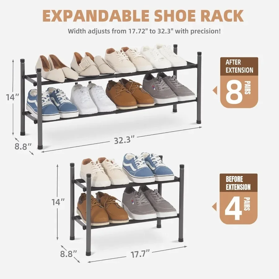 Expandable Shoe Rack 8 Pairs Stackable Small Shoe Rack Metal Adjustable Shoes Organizer for Closet Entryway Hallway Garage Fron