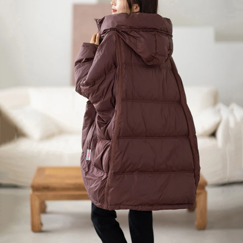 Lagabogy 2024 New Winter Women 90% White Duck Down Jacket Casual Loose Over Size Warm Parka Female Drawstring Hooded Puffer Coat 6