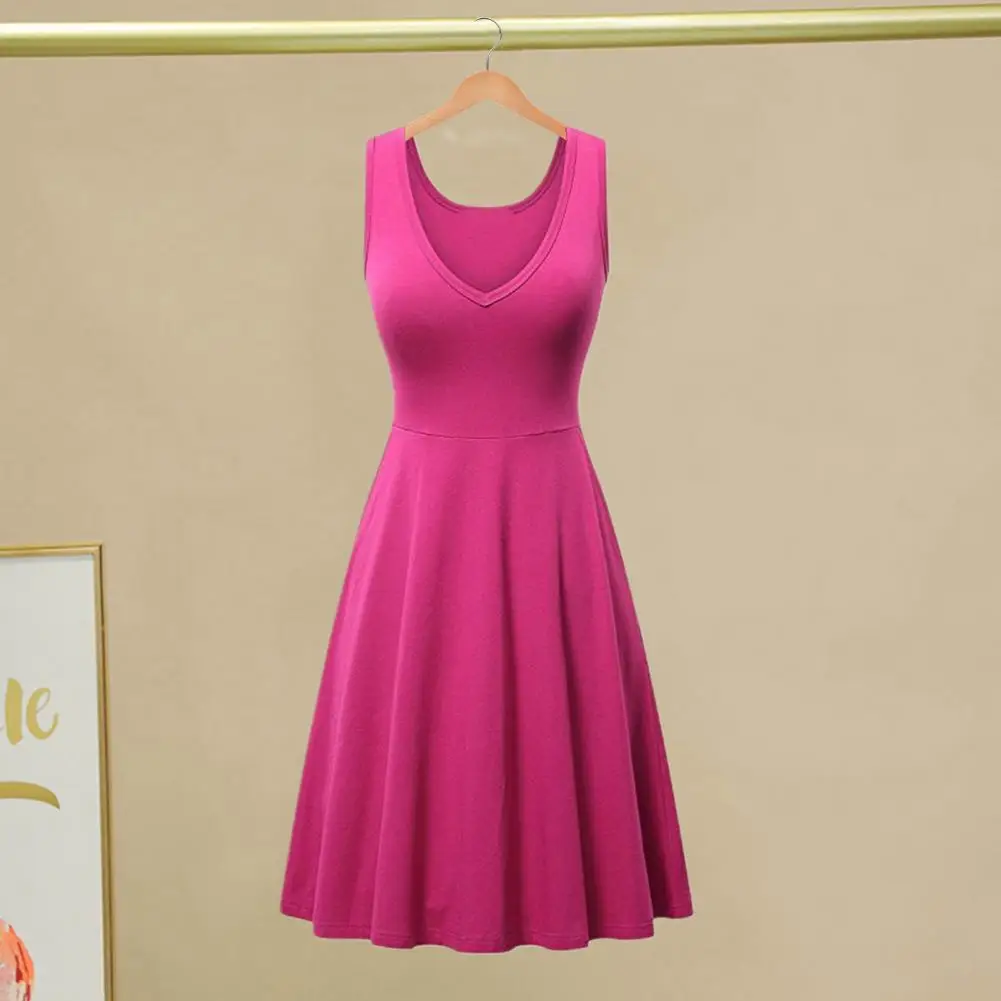 

Solid Color V-neck Dress Elegant V Neck Midi Dress for Women A-line Loose Hem with High Waist for Summer Ol Commute Homewear