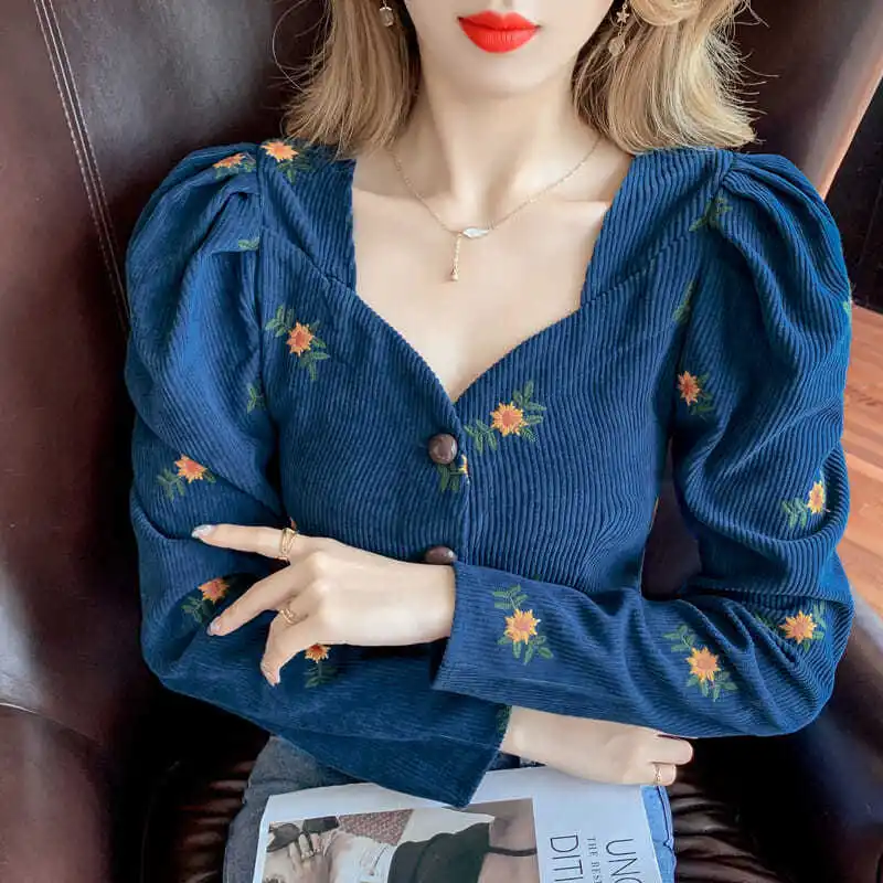 

Retro Women Button Shirt Puff Sleeves Long Sleeve Top Corduroy Cropped Jacket V-neck Floral Shirt Cheap Wholesale Korean Fashion