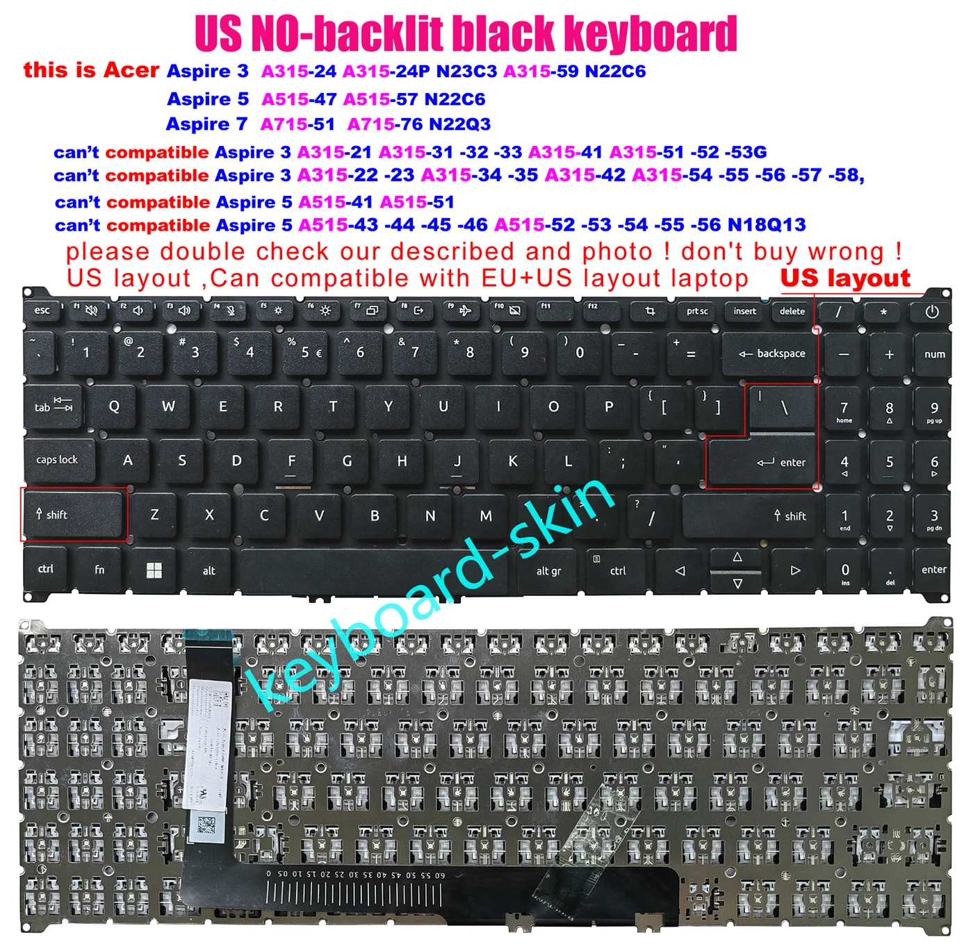 

New US NO-backlit Keyboard for Acer Aspire 3 A315-59 A315-59G N22C6 Aspire 5 A515-57 A515-57G Aspire 7 A715-51G A715-76G N22Q3