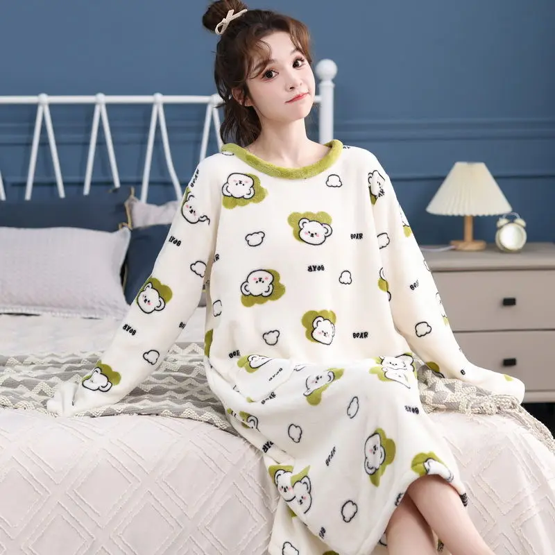 Autumn Winter Nightgown Long Sleeve Flannel Women Sleepwear Bathrobe Robe Warm Loungewear Homewear Kawaii Clothes Pajamas