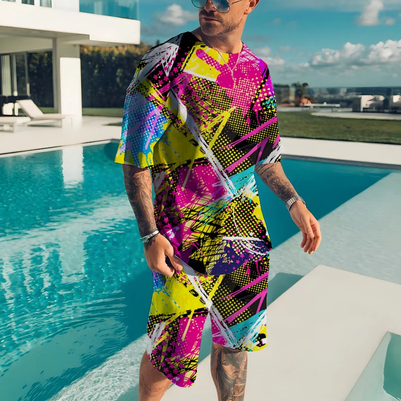 Men's Sets Summer 3D Printed Graffiti Short Sleeve T-Shirt Suit Fashion 2 Piece Streetwear Outdoor Tracksuit Male Clothes