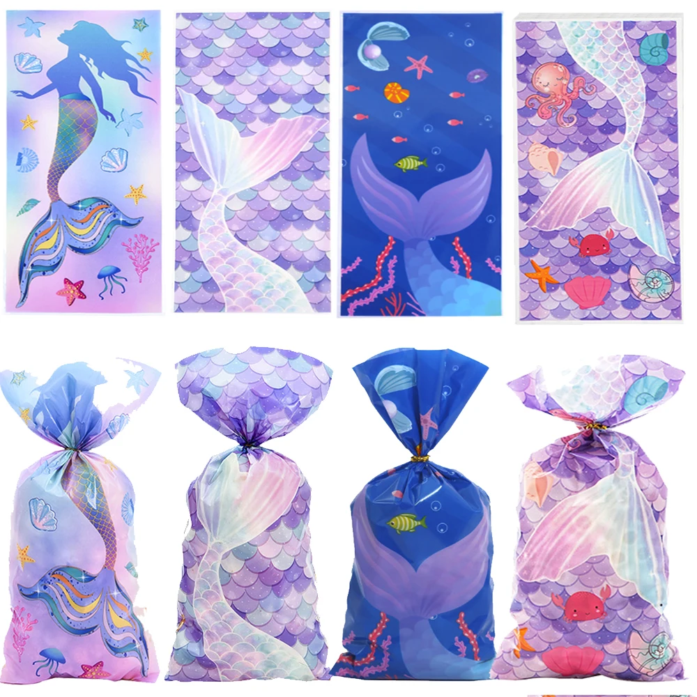 50 Stück Meerjungfrau-Geschenkbeutel aus Kunststoff, blaue Muschel, rosa Meerjungfrauenschwanzbeutel für Snackverpackungen, Meerjungfrau-Geburtstagsparty-Dekoration