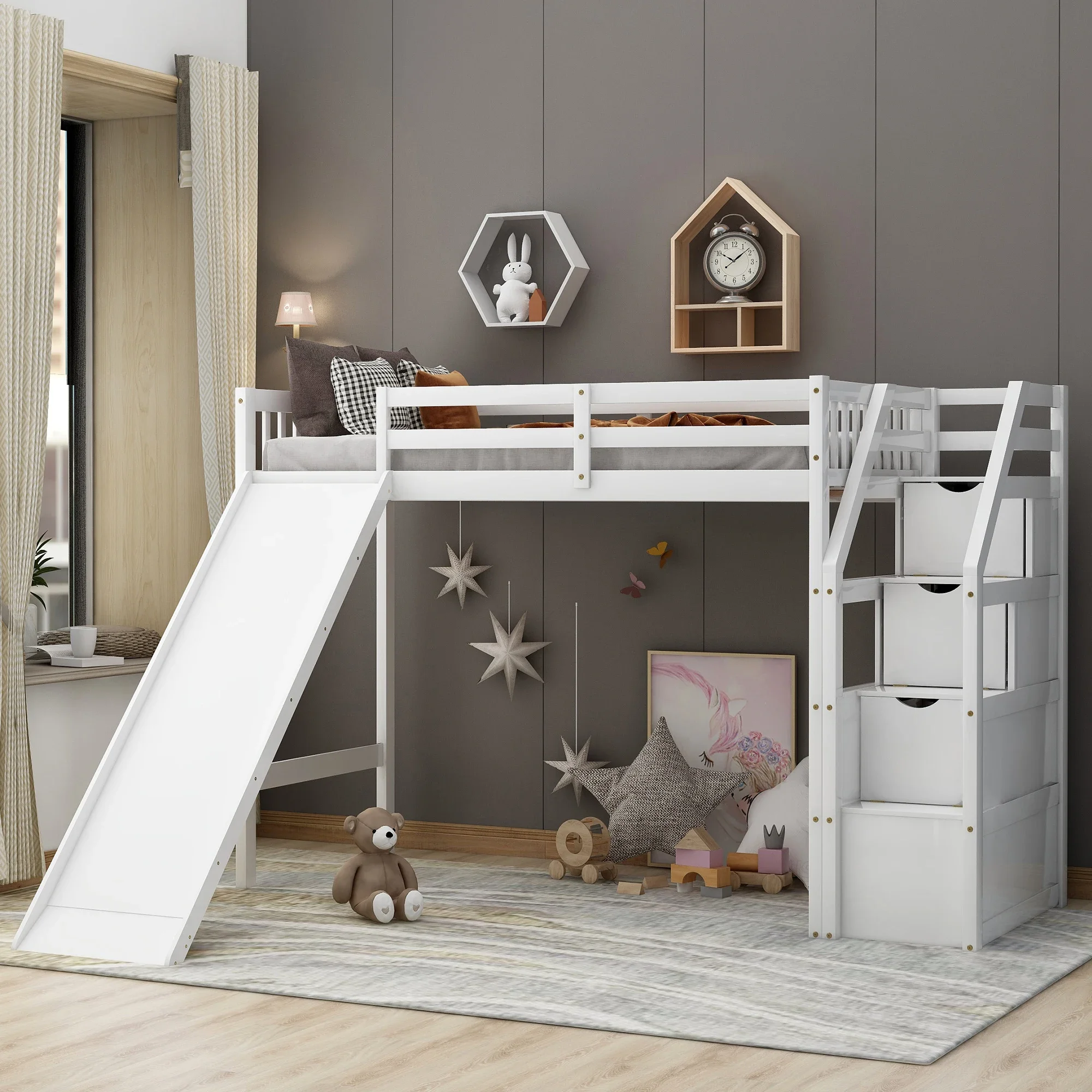 

Twin Size Loft Bed with Storage and Slide, White