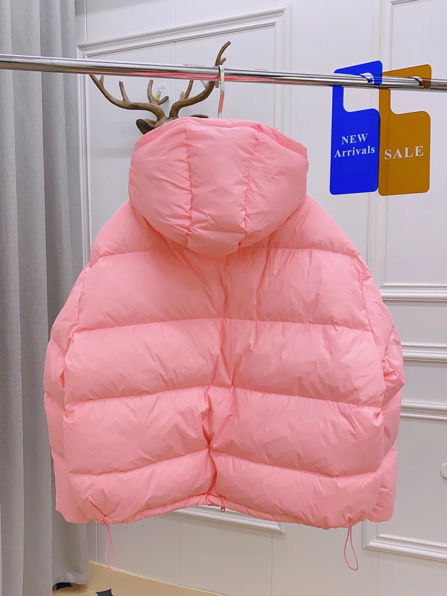 Schinteon Women White Duck Down Jacket with Removable Hood Warm Autumn Winter Outwear Simple Solid Color Casual Over Size Coat