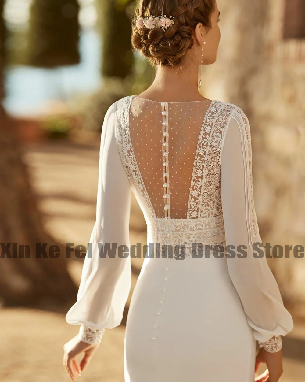 Mermaid Chiffon Bridal Dresses Lace Applique Long Sleeve Sexy V-Neck Off Back Princess Wedding Gowns Formal Party 2023 Vestidos 3