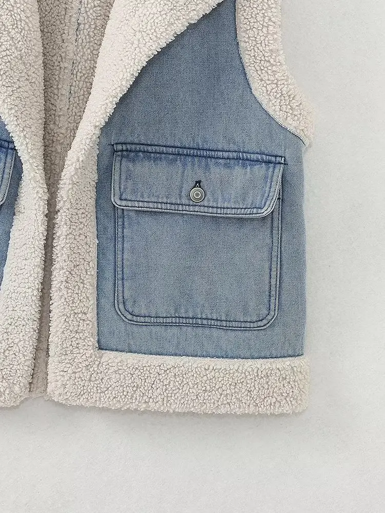 Withered European And American Denim Vest Fashion Women's With Plush Pockets Casual Jacket Girls Tops