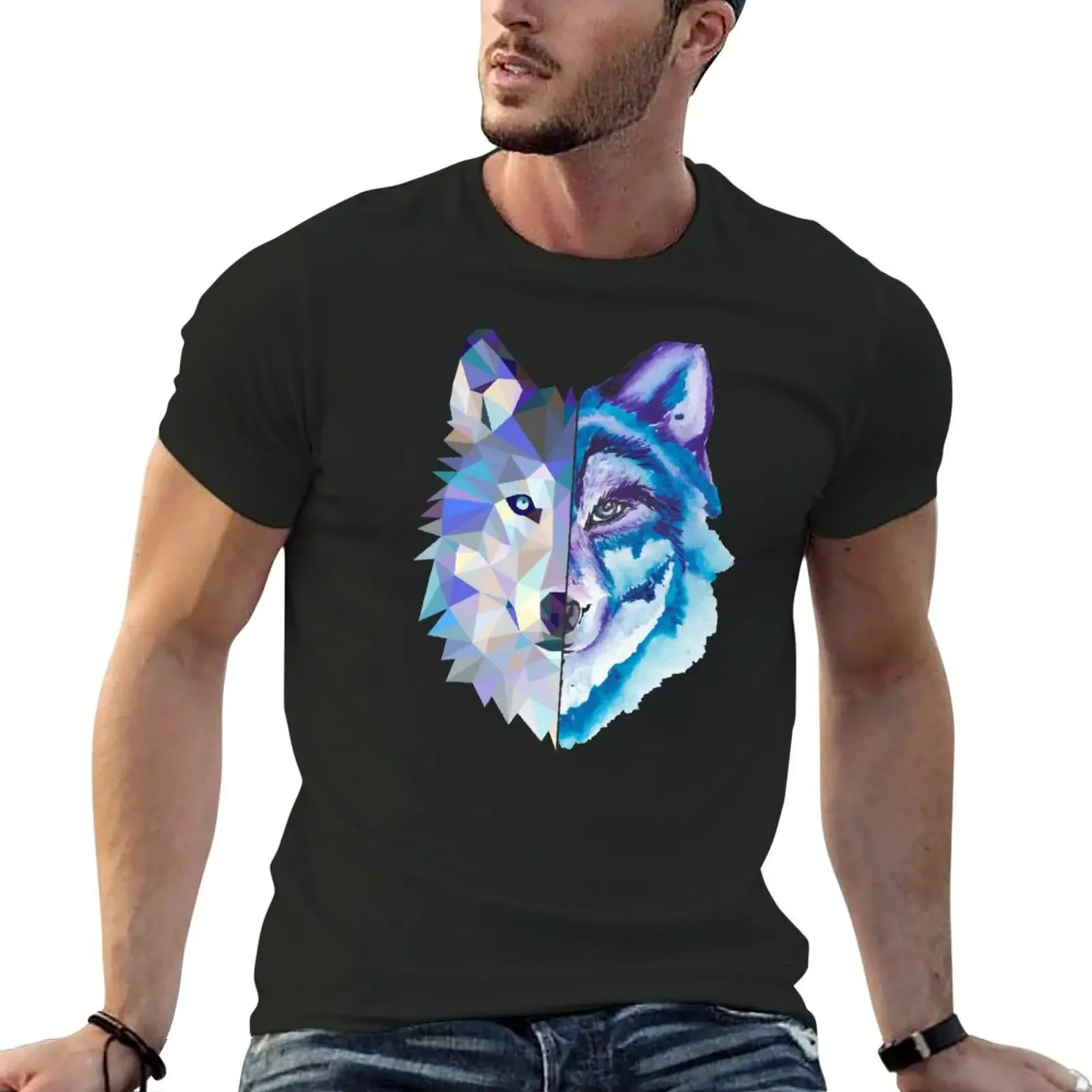 

Watercolour & Geometric Wolf T-Shirt quick-drying customs vintage customizeds Men's clothing