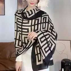 185*72CM The Four Seasons Scarves Fashion Design Satin Finish Shawl Women Popular Print Warm Hijab Luxury Brand Lrage Silk Scarf