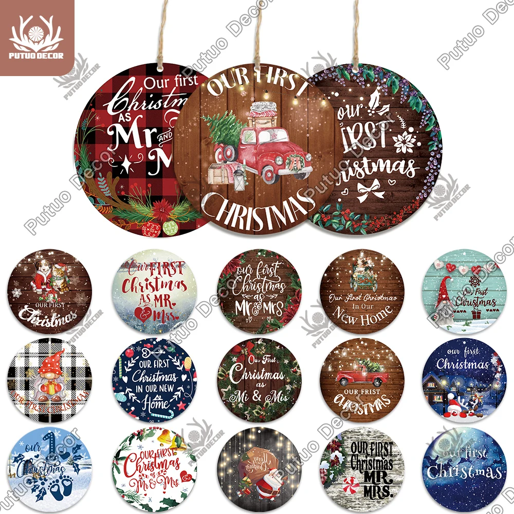 Putuo Decor First Christmas Wood Round Signs Wooden Plaques Vintage