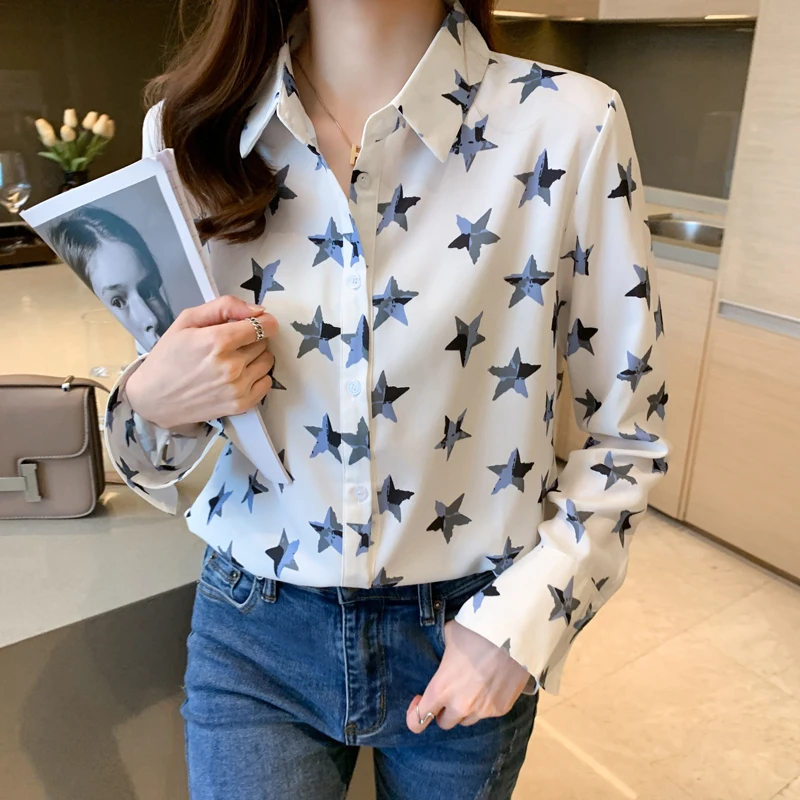 Women Chic Five-pointed Star Printed Chiffon Shirt Spring New Loose Turn-down Collar Button Cardigan Female Top Basic Blouses