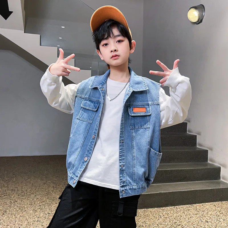 십대 소년 블루 데님 조끼 아동 의류 봄 가을 캐주얼 청바지 민소매 자켓 겉옷 십대 탑 아동복