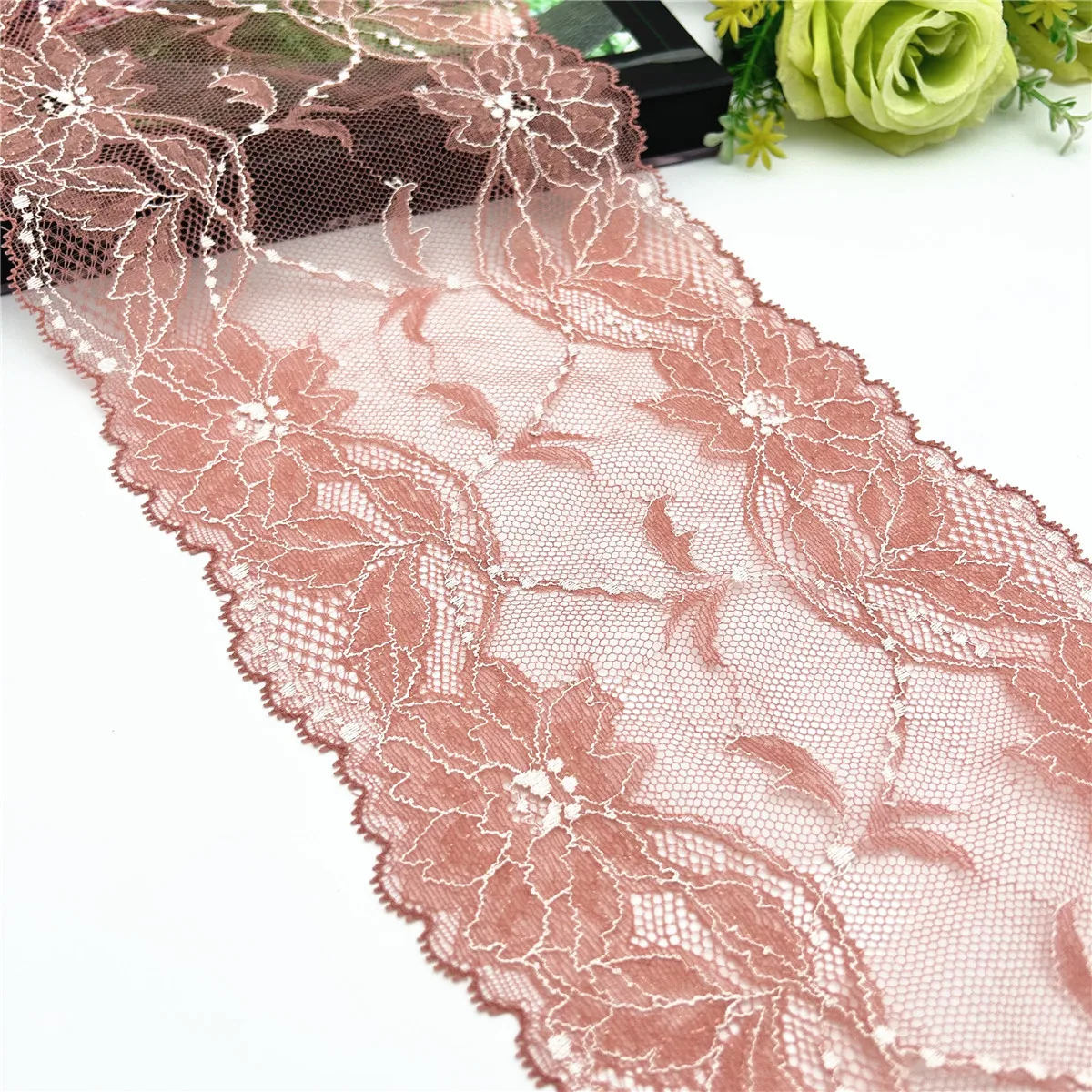3y/lot W16.5cm 2-Tone Pink White With Shiny Elastic Stretch Lace Trims 4