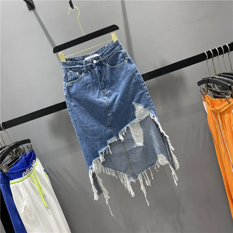 Long Denim Skirt With Slit Womens Ripped High Waist Denim Mini