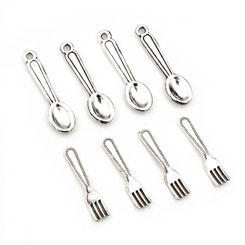 

50pcs Spoon Fork Dining Charms Small Antique Silver Plated Tableware Pendants Charms DIY Jewelry Making Accessories Findings