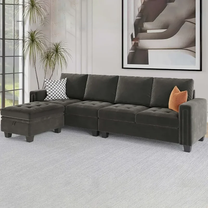 

Sofa Velvet Reversible Sectional With Chasie Convertible L Shaped 4-seat Sectional Couch Storage Living Room Furniture Sofa Set