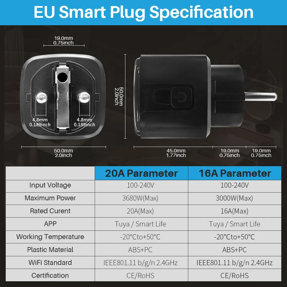 Tuya WiFi Smart Plug Socket With Timing/Countdown/Power Monitoring Function, Sup
