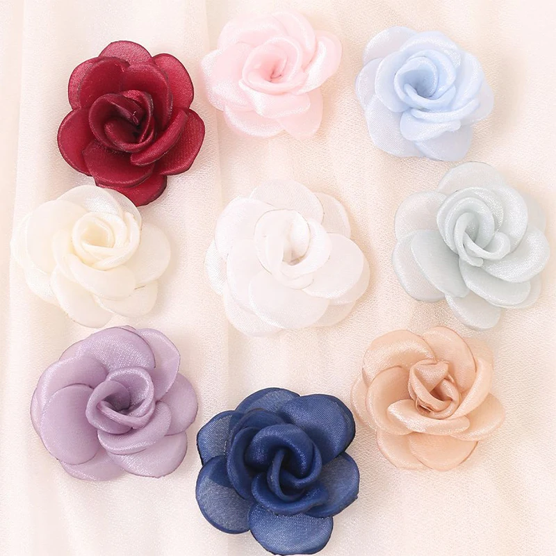 Elegant White Chiffon Camellia Rose Fabric Flowers - Set of 8