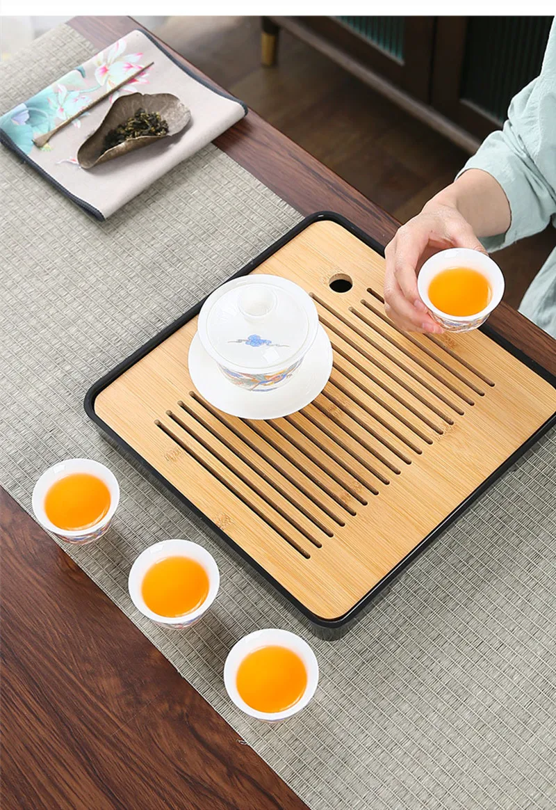 Description Picture 3 of itemBamboo Tea Tray Household Tea Set Accessories Small Tea Board Water Storage and Drainage Wet and Dry-use Tray Teaware Decorative