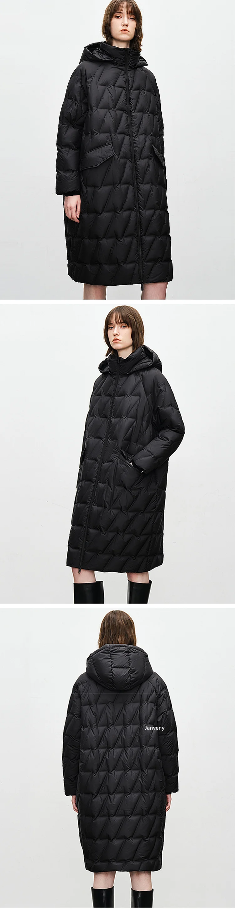 Janveny 2026 New Winter Oversized Over Knee Puffer Jacket Women Solid Long Sleeve Zipper Hooded White Duck Down Coat Warm Parkas