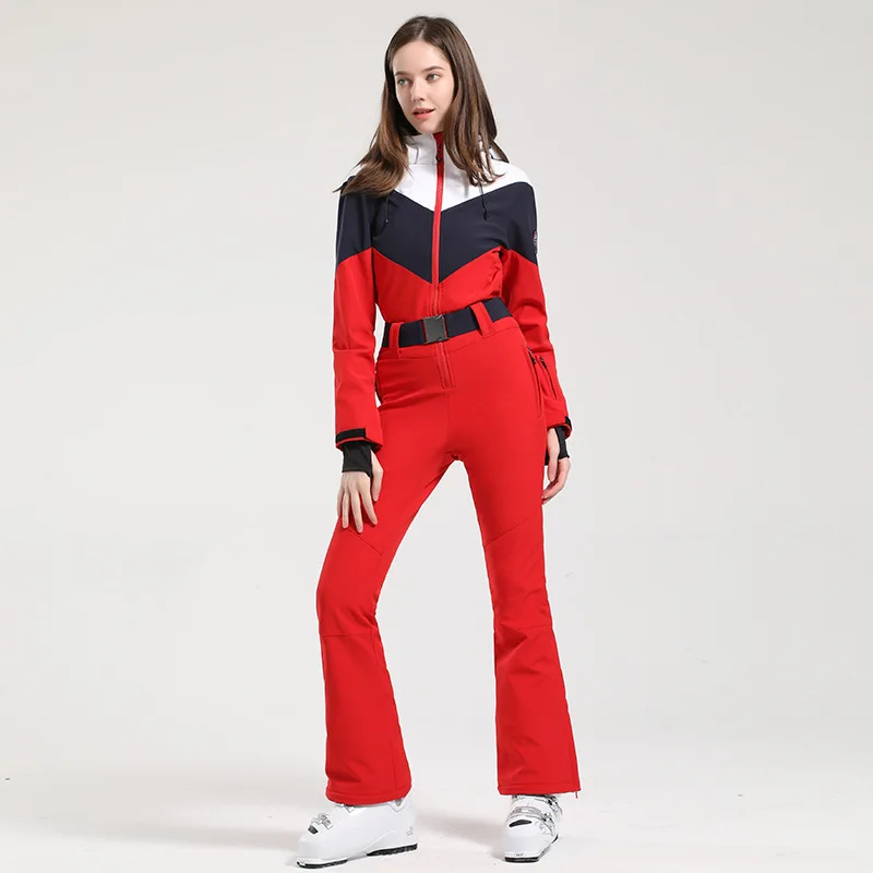 One-piece Ski Suit Female Snowbard Retro Slim Waist Windproof Waterproof Warm Hooded Jacket Pants Set Snow Outfit for Women