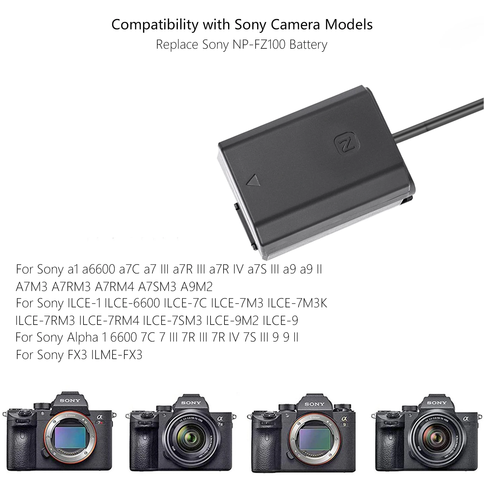 타입-C/USB-C-NP-FZ100 더미 배터리 DC 전원 AC 어댑터  ILME-FX3 A6600 A7M3 A7M3K A7RM3 A7RM4 A9 A9M2 A7M3 카메라