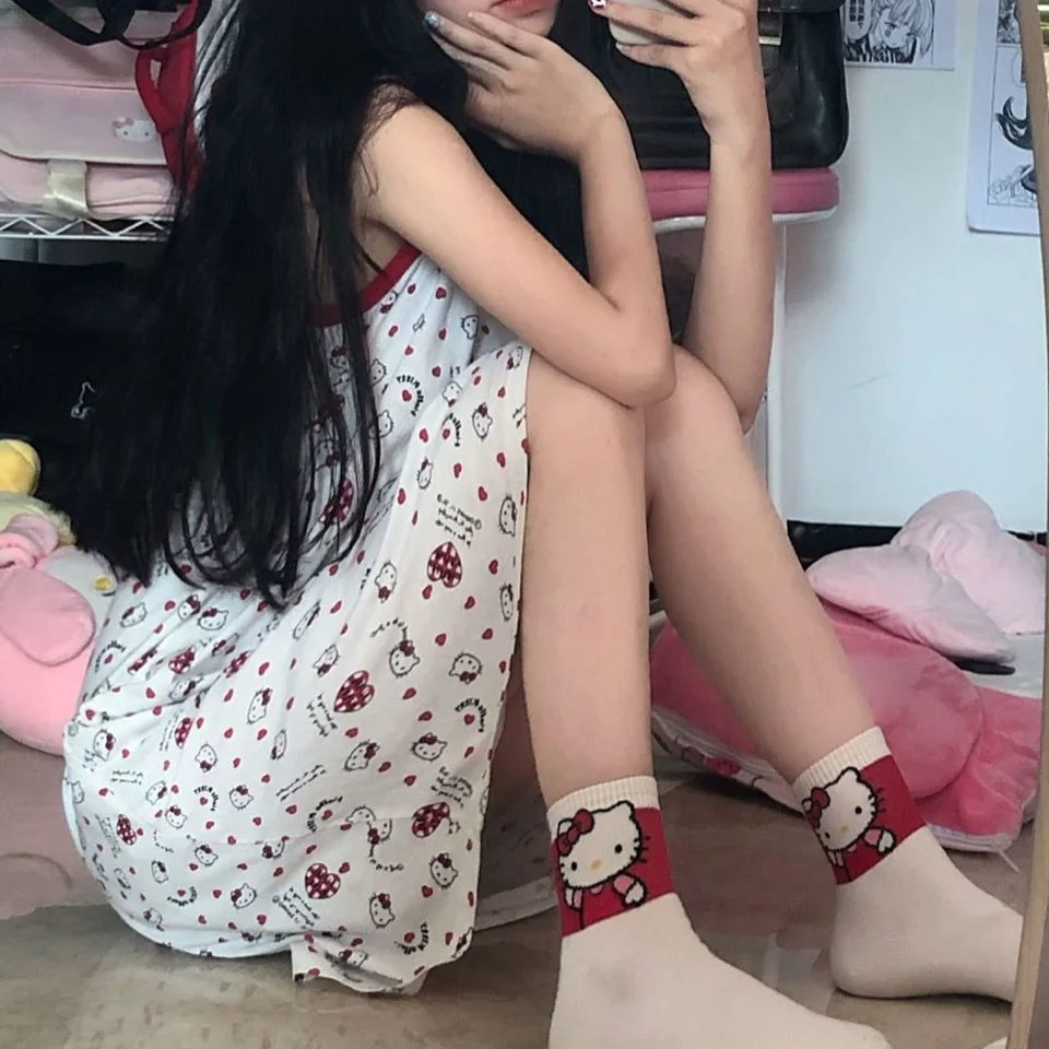 

Hello Kitty Summer Nightdress Home Clothes Thin Lovely Sleeveless Pajamas 2023 Large Size Sanrio Fashional Student Nightdress