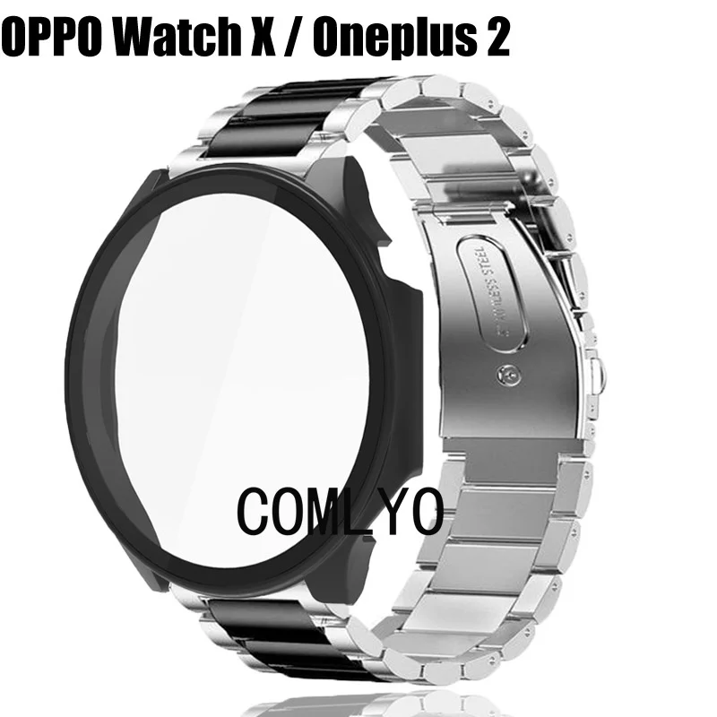 Per Oneplus Watch 2 / Oppo Watch X Strap Case Glass Screen Protector Protezione Completa Cover Smart Watch Band Acciaio Inossidabile