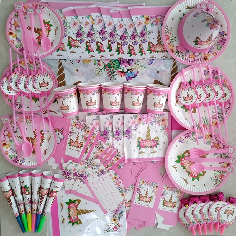 81pcs 유니콘 파티 용품 유니콘 식기 세트 Unicorni 종이 컵 플레이트 냅킨 생일 파티 장식 베이비 샤워 소녀