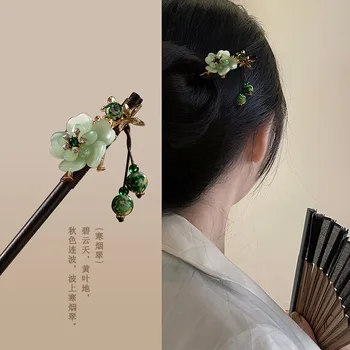 에보니 태슬 스텝 쉐이킹 헤어핀, 젓가락 헤어 스틱, 고대 스타일 헤어 장식, 팬 머리 장식, 꽃 헤어 액세서리