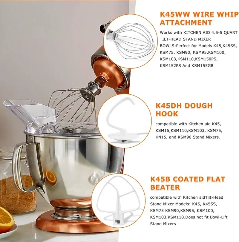 Stand Mixer Attachment Set of 3-Wire Whip / Dough Hook / Mixing Paddle Fit For Kitchenaid Mixers mixer accessories