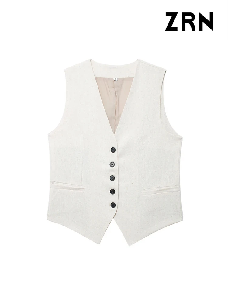 ZRN-Women's Front Button Linen Waistcoat and High Waist Bermuda Shorts, Female Two Piece Sets, Fashion