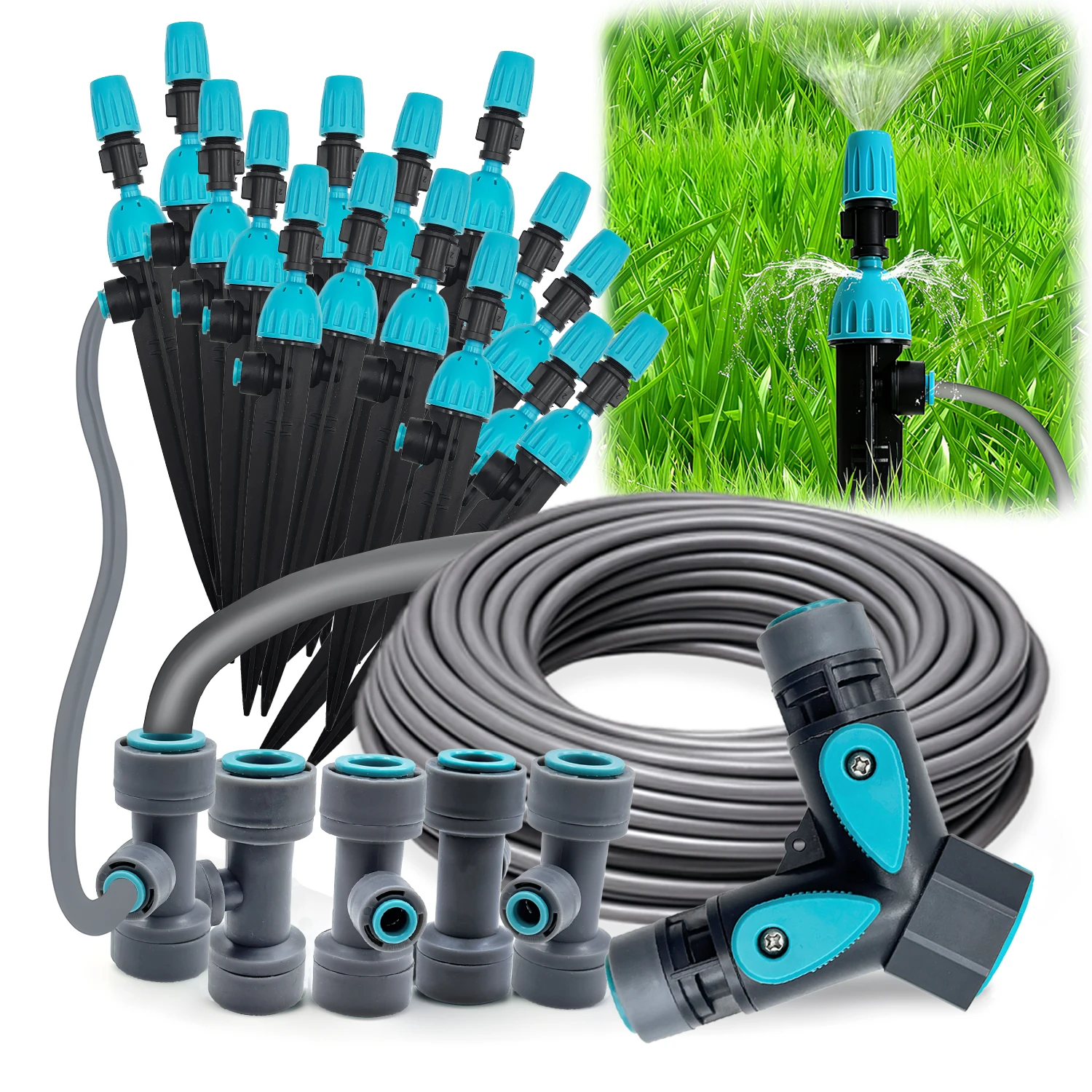 3/8" 12mm PE-Schlauch 360 ° Verstellbares 2-in-1 Sprüh- und Tropfsystem mit Schnellanschluss für Gartenbewässerung
