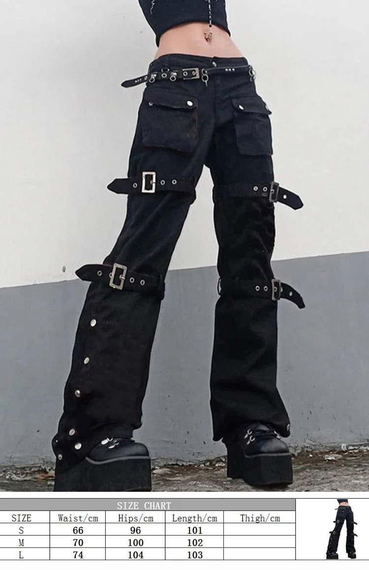 Punk Dark Alt Jeans Women Bandage Denim Pants 90s Gothic Emo