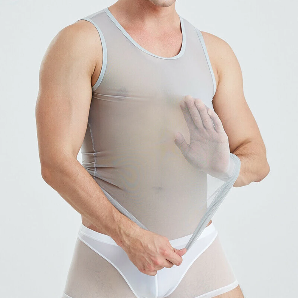 Men Sexy Transparent Musle Vest Male Elastic Mesh Tank Tops See-through Undershirts Sleeveless T-shirts Breathable Sport Singlet