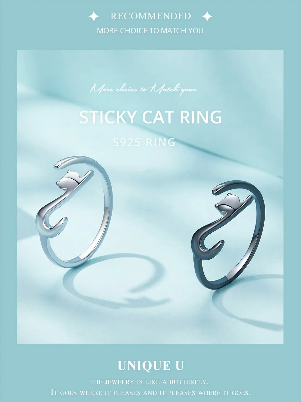 Sterling Silver Cute Cat Open Ring  3 Colors Adjustable Plated Platinum - PeticaDeals