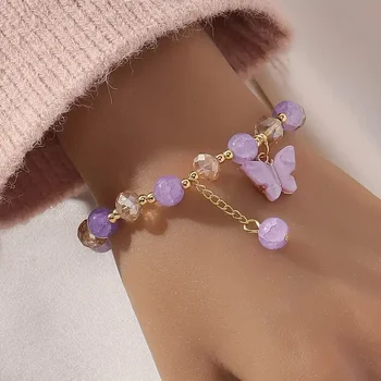 Purple Butterfly Charm Beaded Stretch Bracelet For Women Multi Color Crack Faceted Beads Round Charm Cute Girls Jewelry Gift 1