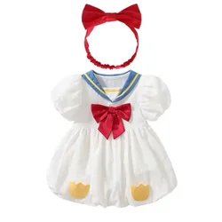Summer Newborn Bodysuits Girls Clothes Sailor Collar Baby Jumpsuits Baby Sweet Clothes with Hairband 0-2Y
