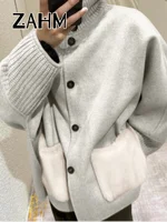 Casual Knitted Faux Fur Patchwork Coat Women Turtleneck Single Breasted Pocket Coats Female 2025 Winter Lady Knitwear New 4