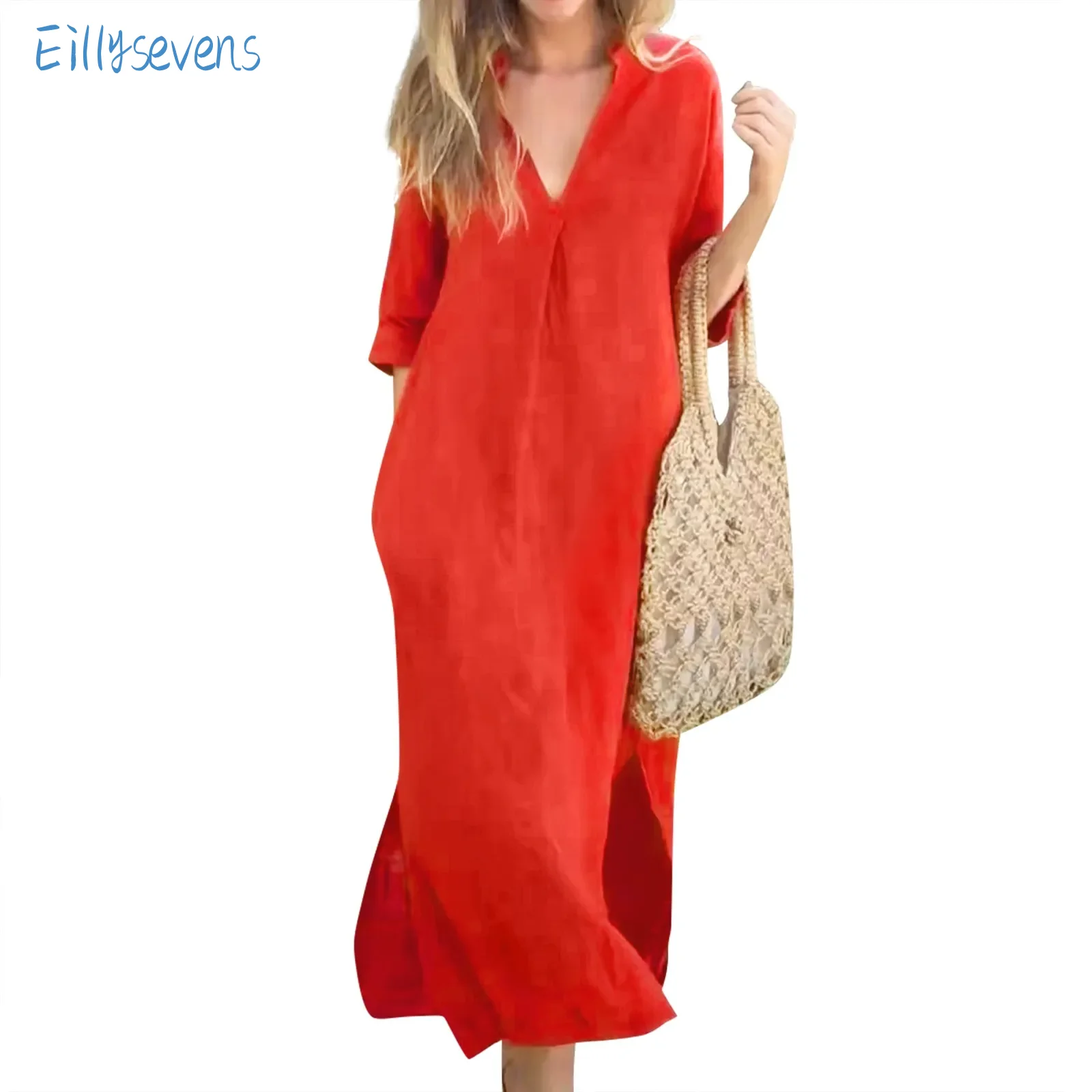 

Women'S New 3/4 Sleeve Dresses V-Neck Slit On Both Sides Chest Pleated Pocket Dress Daily Commute Leisure Vacation Loose Dress