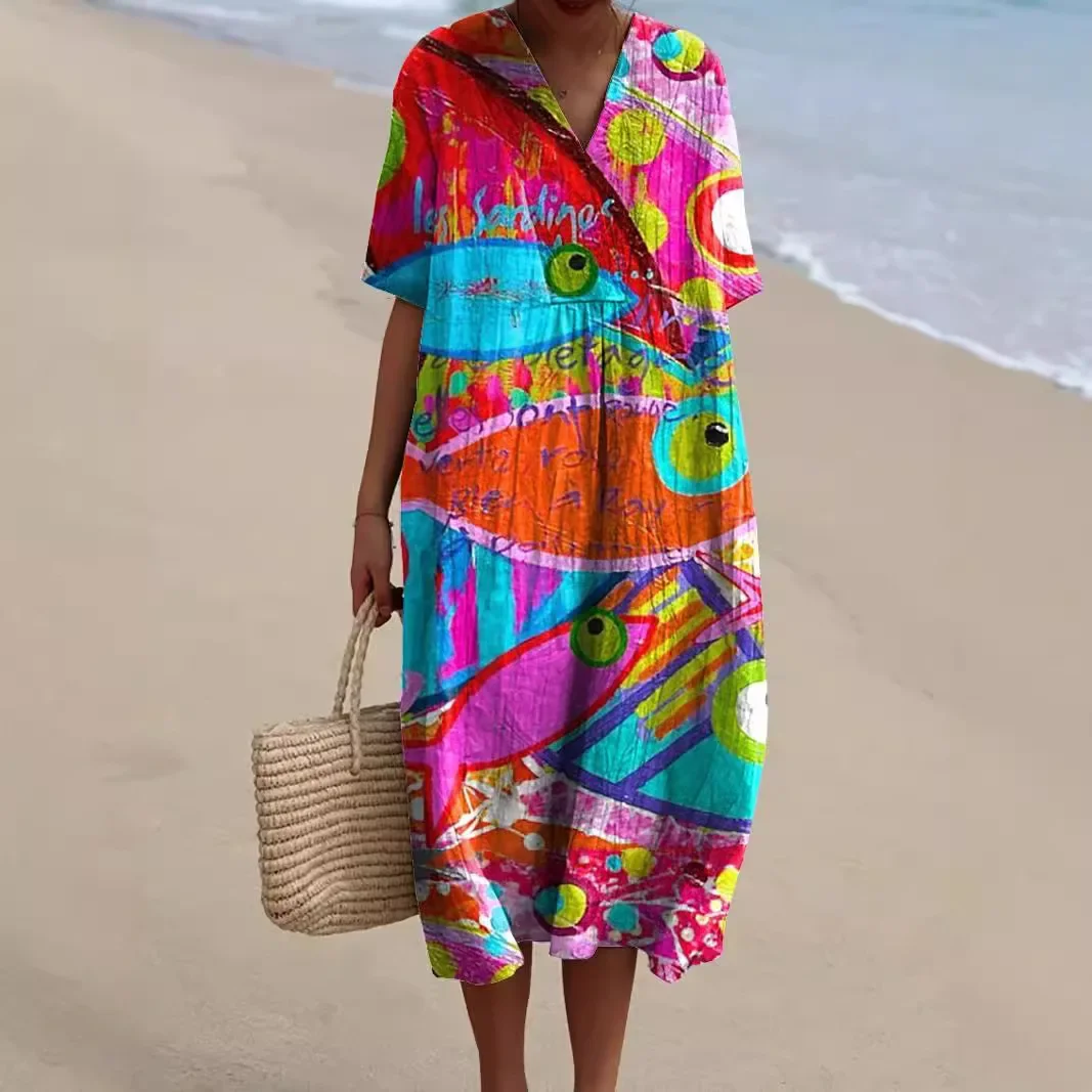 New Plus Size Ocean Elements Fish Print Casual Shirt Dress