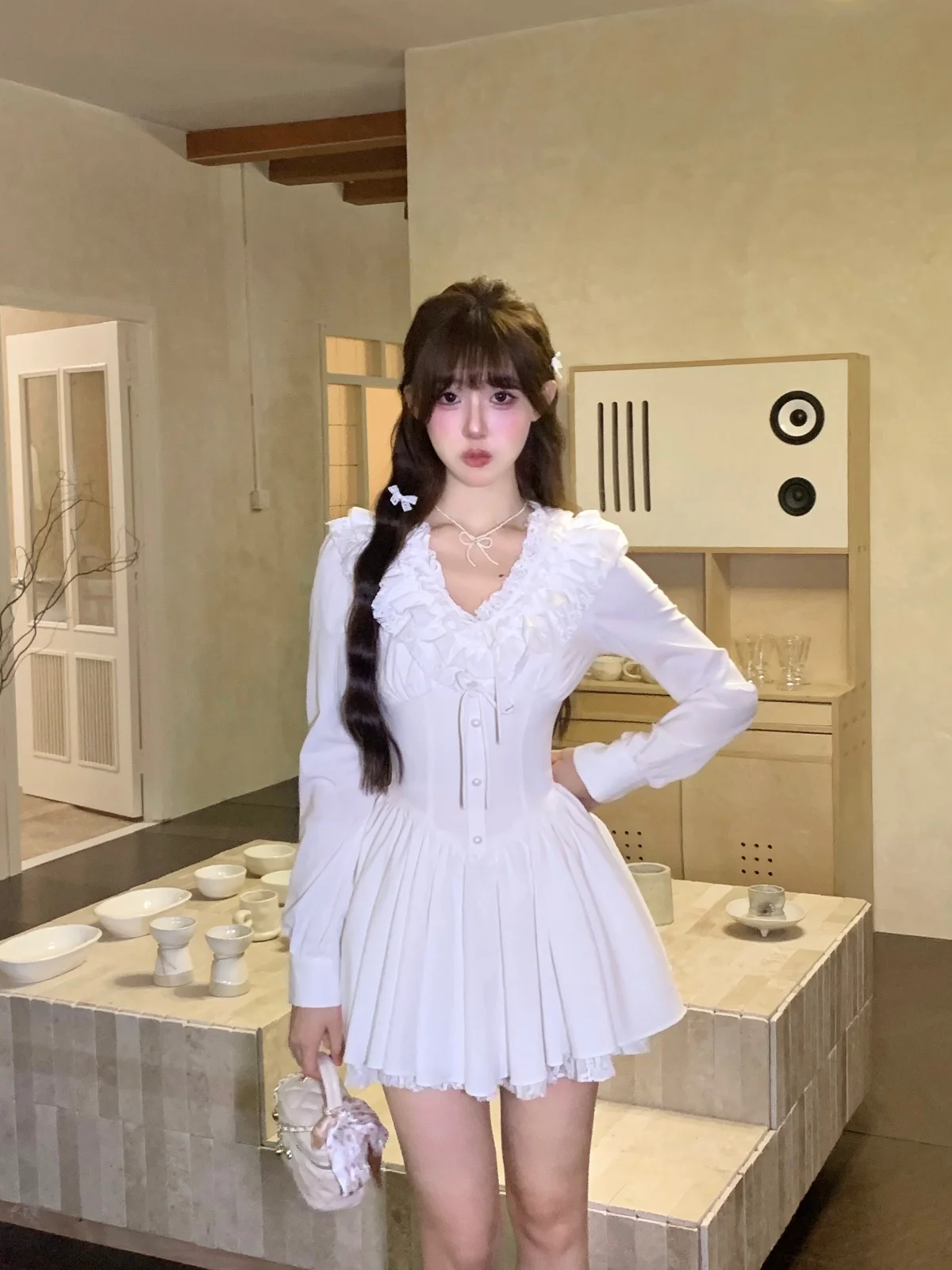 Elegant White Short Dresses for Women Lace Ruffles V-neck A-line Birthday Party Dress Korean Korean Y2K One Piece Mini Vestido