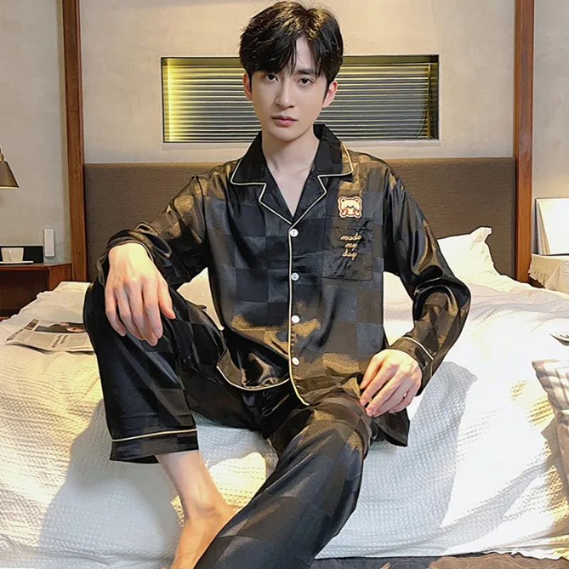 Ice Silk Sleepwear Men Long Sleeve Spring Autumn Pajamas Setds Silk Nightwear Homewear Sets Luxury Brand Clothing Korean Fashion